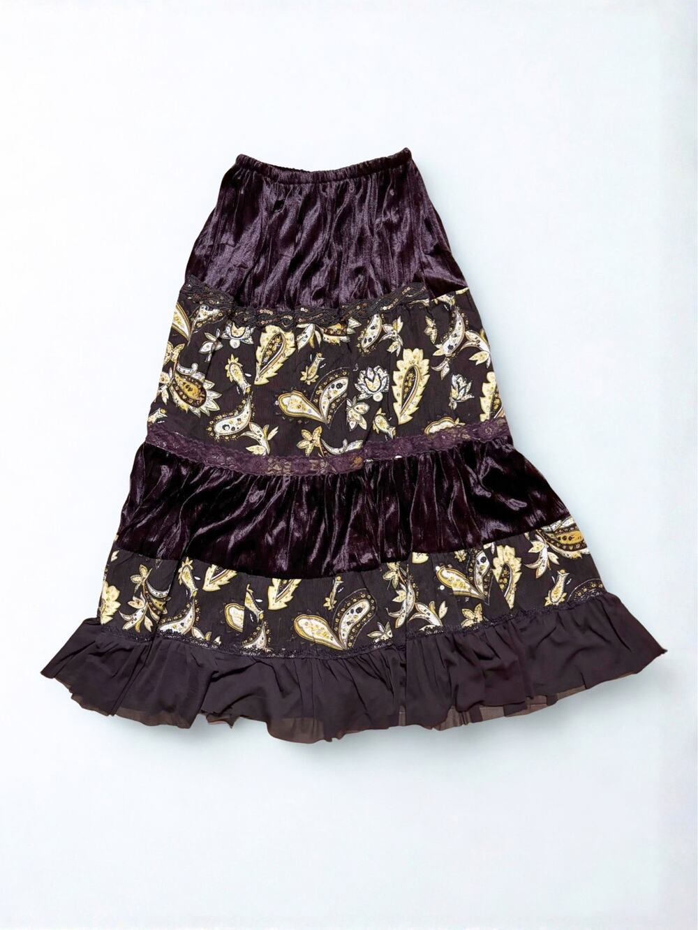 Brown Tiered Ruffle Midi Skirt Yellow Paisley Lace Velvet Tiers Gold Sequins